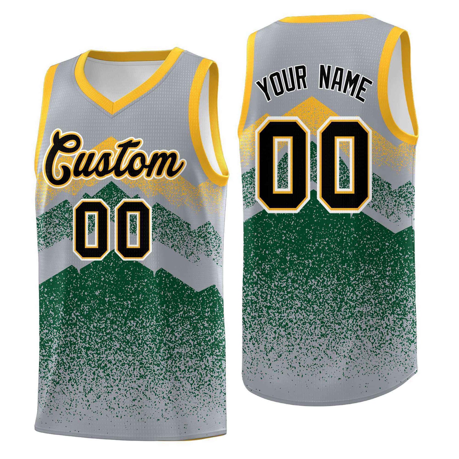 Personalized Youth Basketball Jerseys   Gray Green Gradient Mountain Design Uniforms