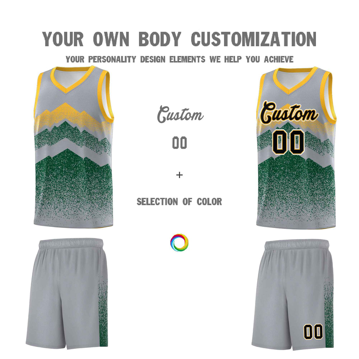 Personalized Youth Basketball Jerseys   Gray Green Gradient Mountain Design Uniforms