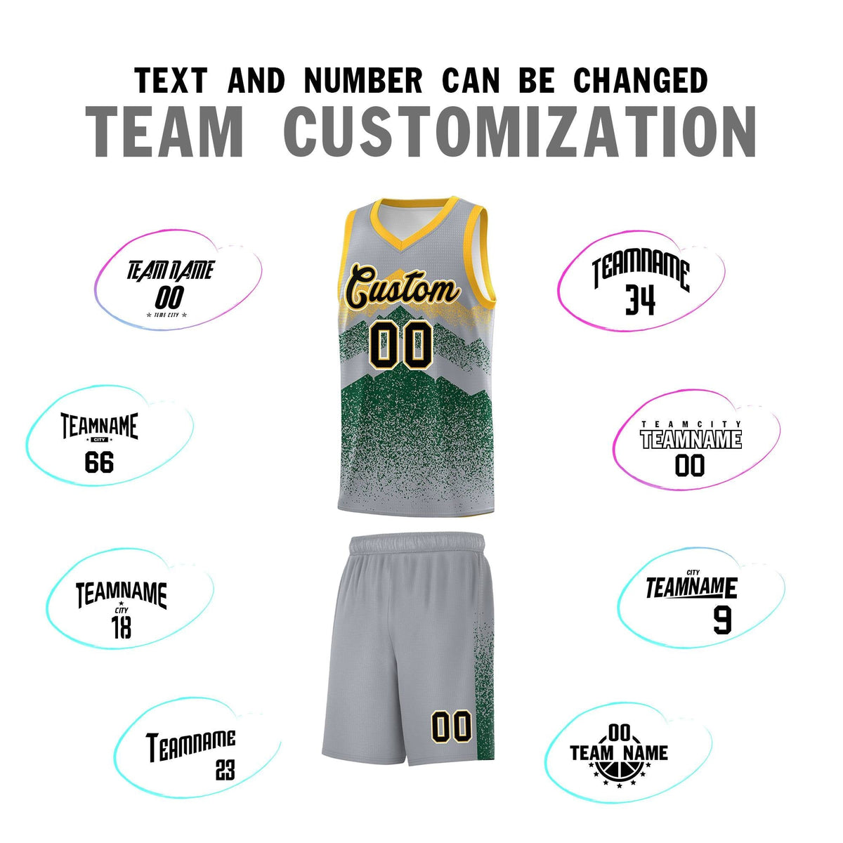 Personalized Youth Basketball Jerseys   Gray Green Gradient Mountain Design Uniforms