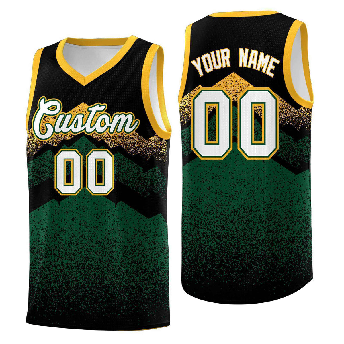Custom Youth Basketball Jerseys Black Green Gradient Mountain Design Uniforms