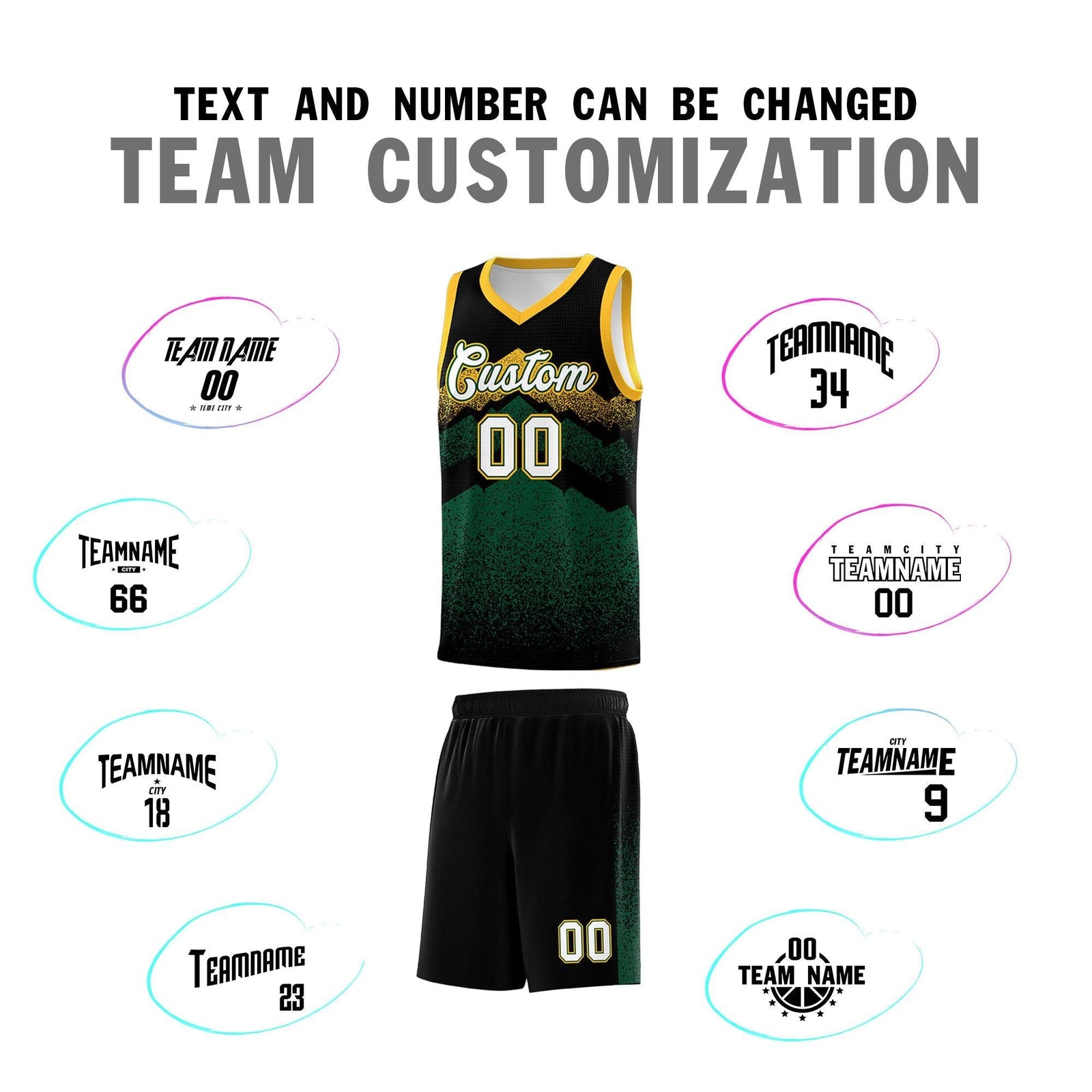 Custom Youth Basketball Jerseys Black Green Gradient Mountain Design Uniforms