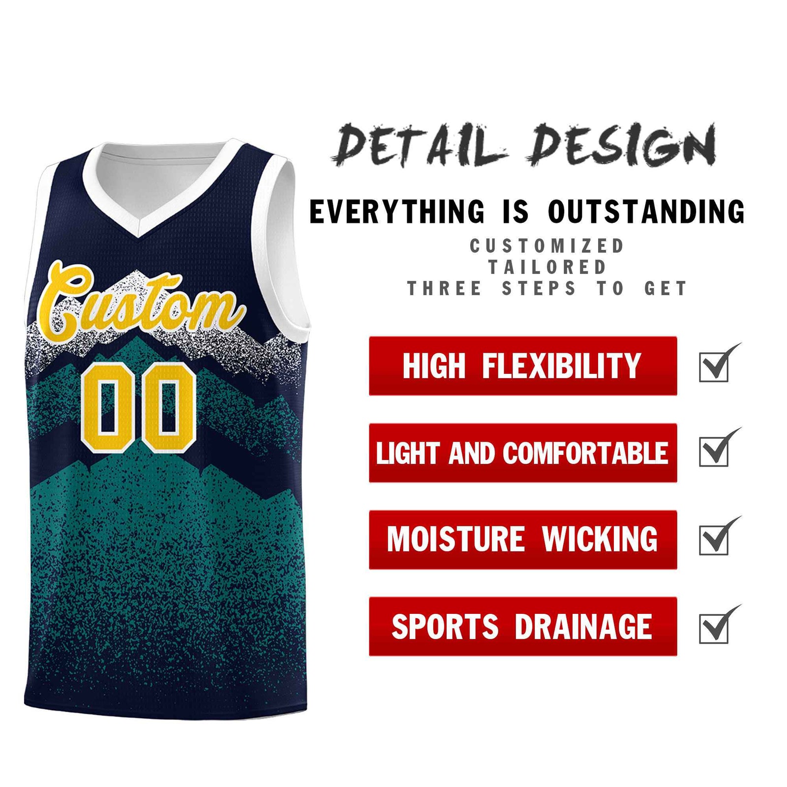 Custom Youth Basketball Jerseys Navy Teal Gradient Mountain Design Uniforms