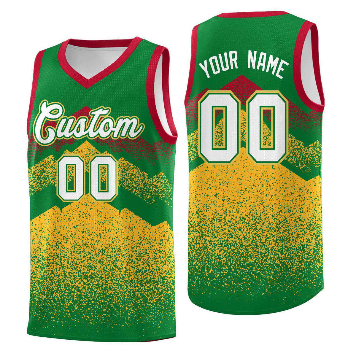 Custom Youth Basketball Jerseys Kelly Green Gold Gradient Mountain Design Uniforms