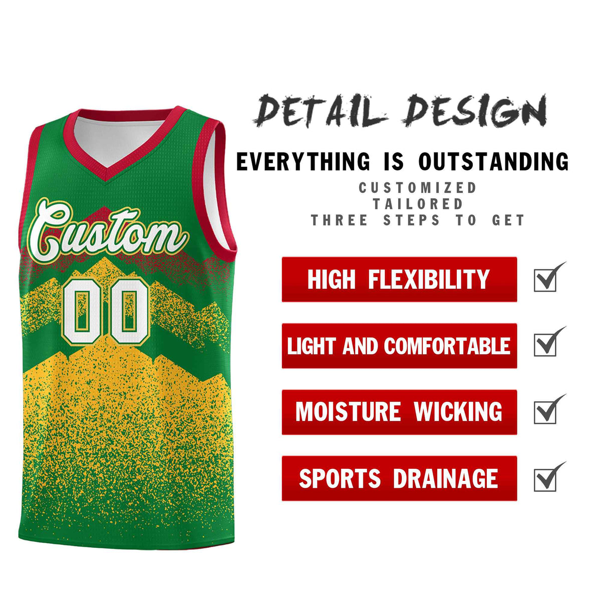 Custom Youth Basketball Jerseys Kelly Green Gold Gradient Mountain Design Uniforms