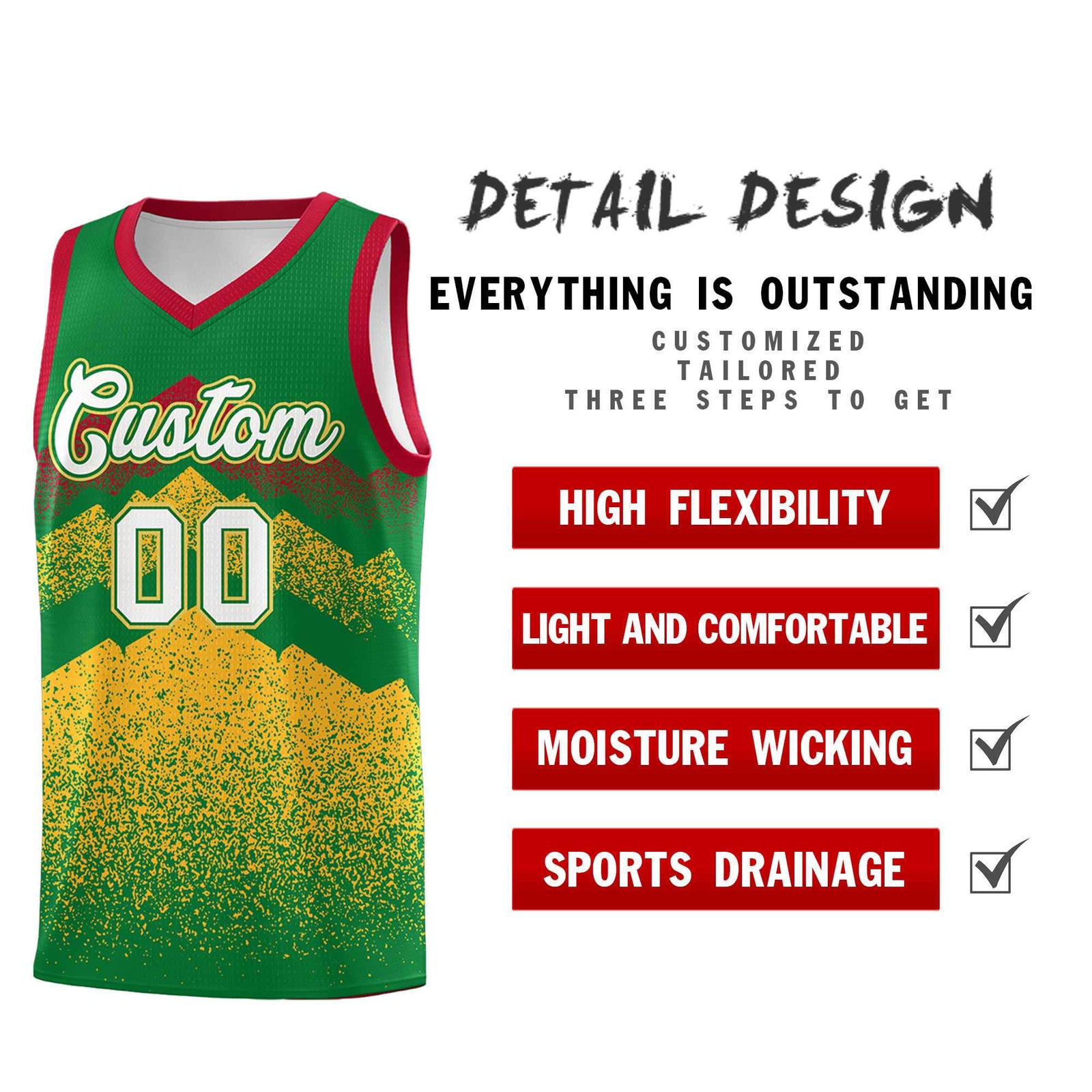 Custom Youth Basketball Jerseys Kelly Green Gold Gradient Mountain Design Uniforms