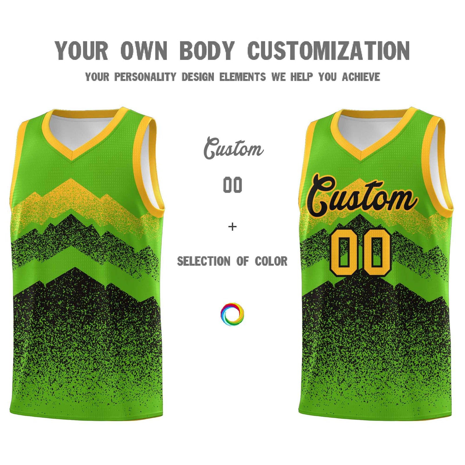 Custom Youth Basketball Jerseys Green Black Gradient Mountain Design Uniforms