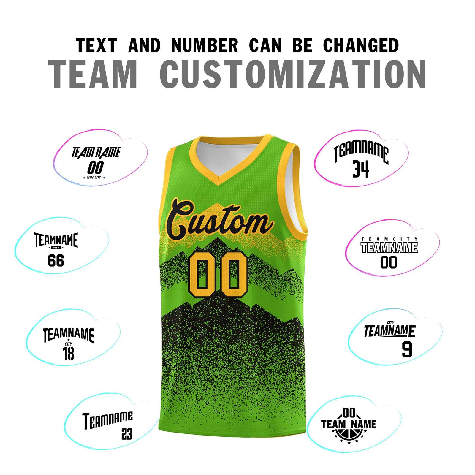 Custom Youth Basketball Jerseys Green Black Gradient Mountain Design Uniforms