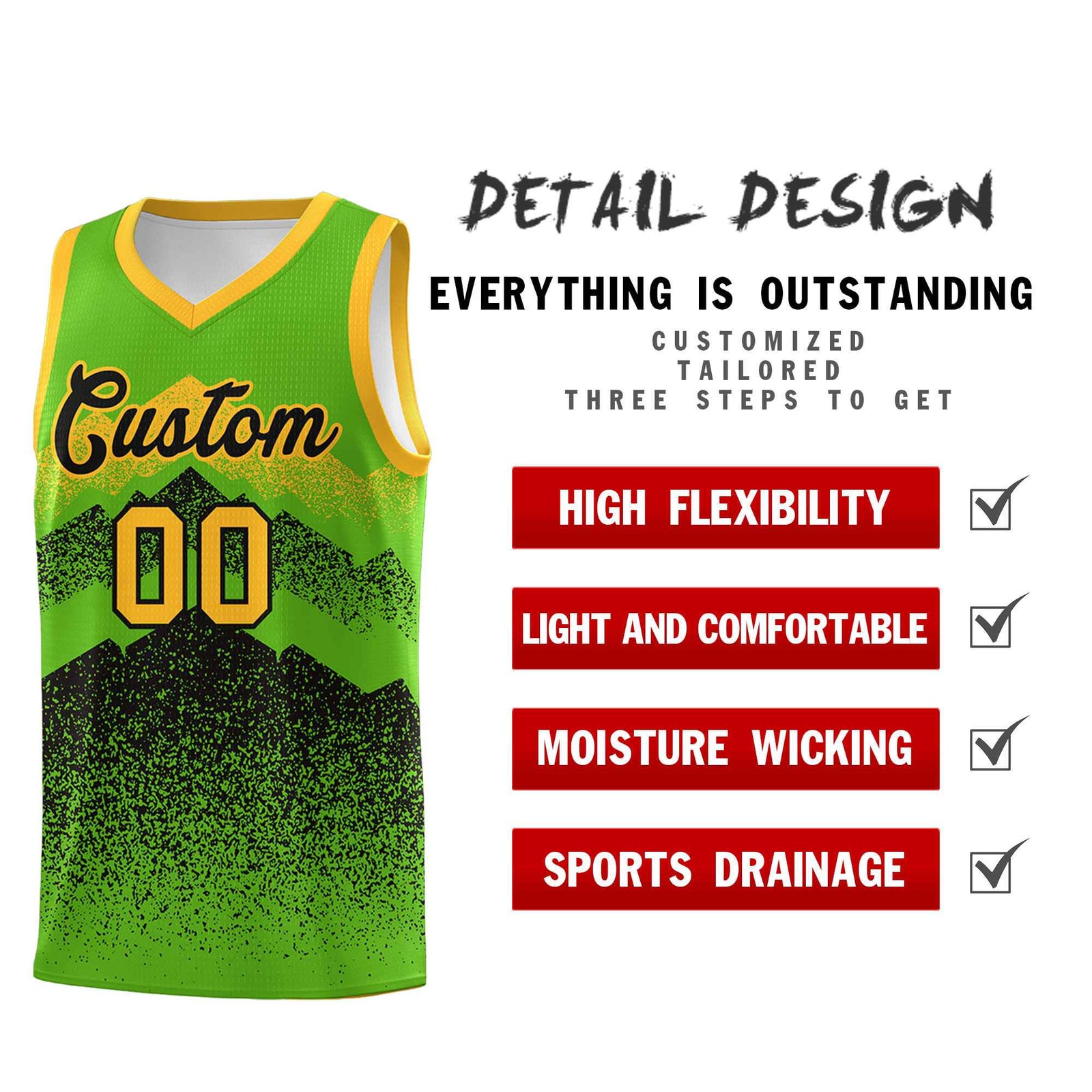 Custom Youth Basketball Jerseys Green Black Gradient Mountain Design Uniforms
