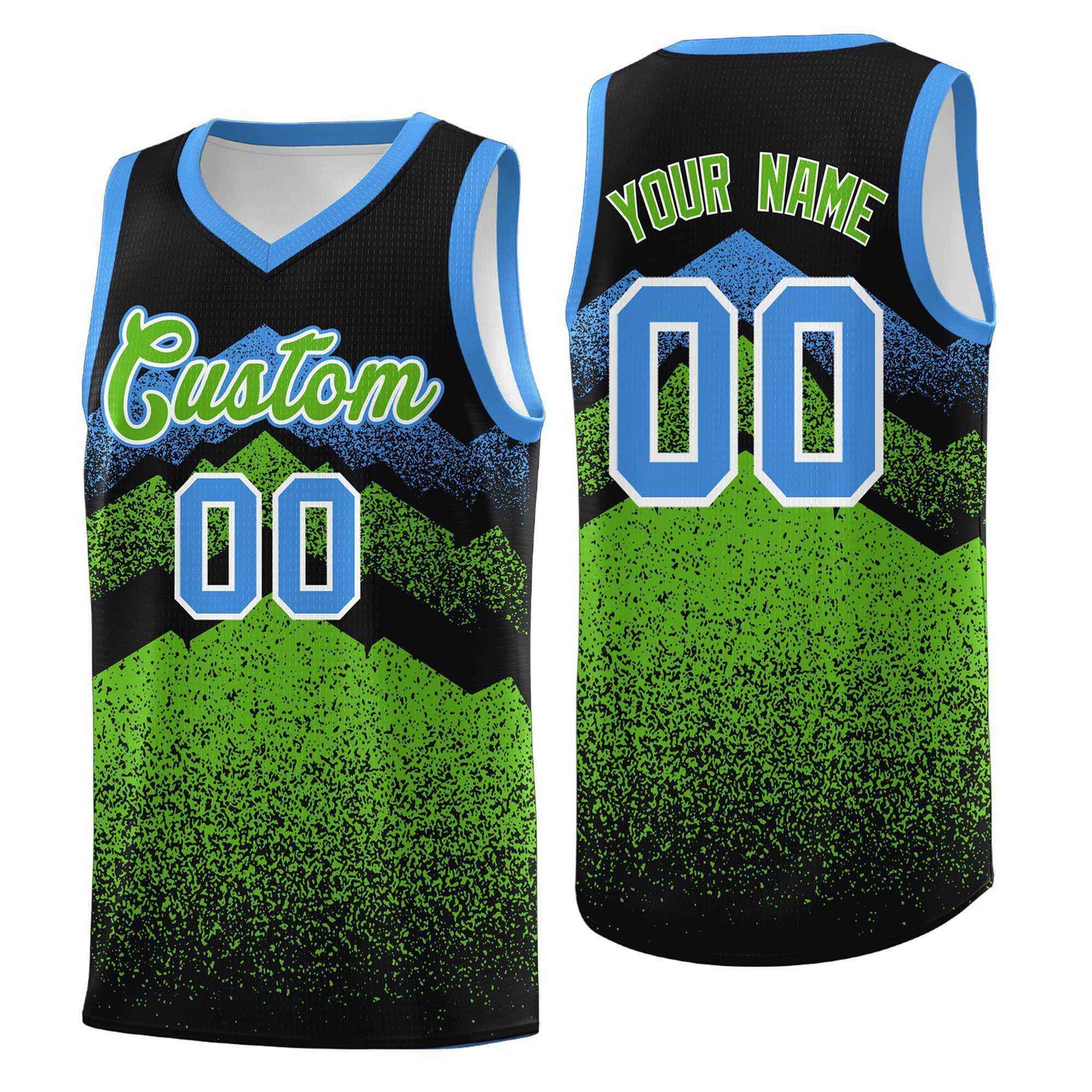 Personalized Youth Basketball Jerseys   Black Green Gradient Mountain Design Uniforms