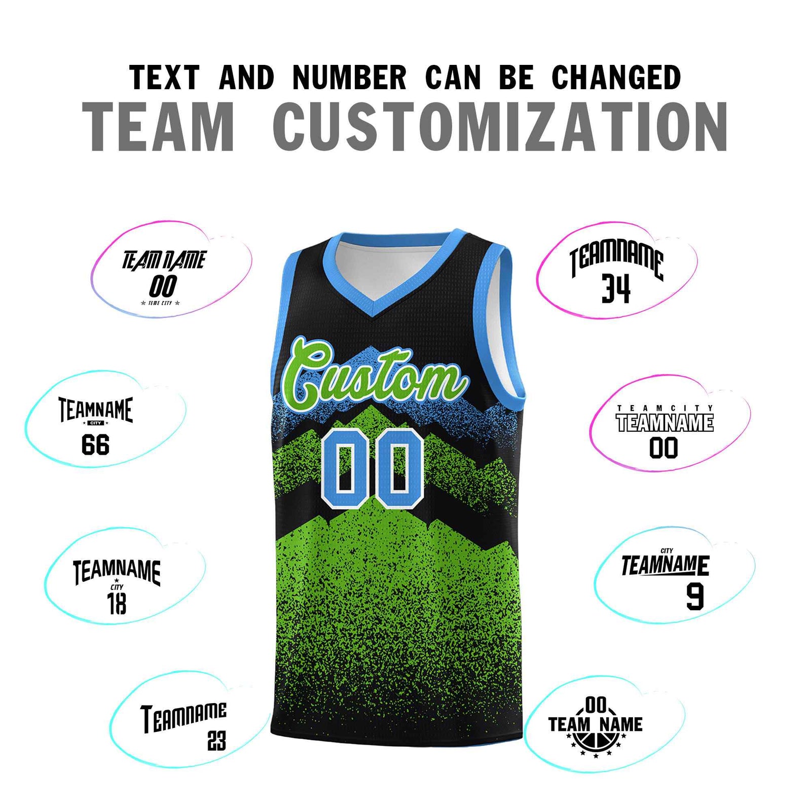 Personalized Youth Basketball Jerseys   Black Green Gradient Mountain Design Uniforms
