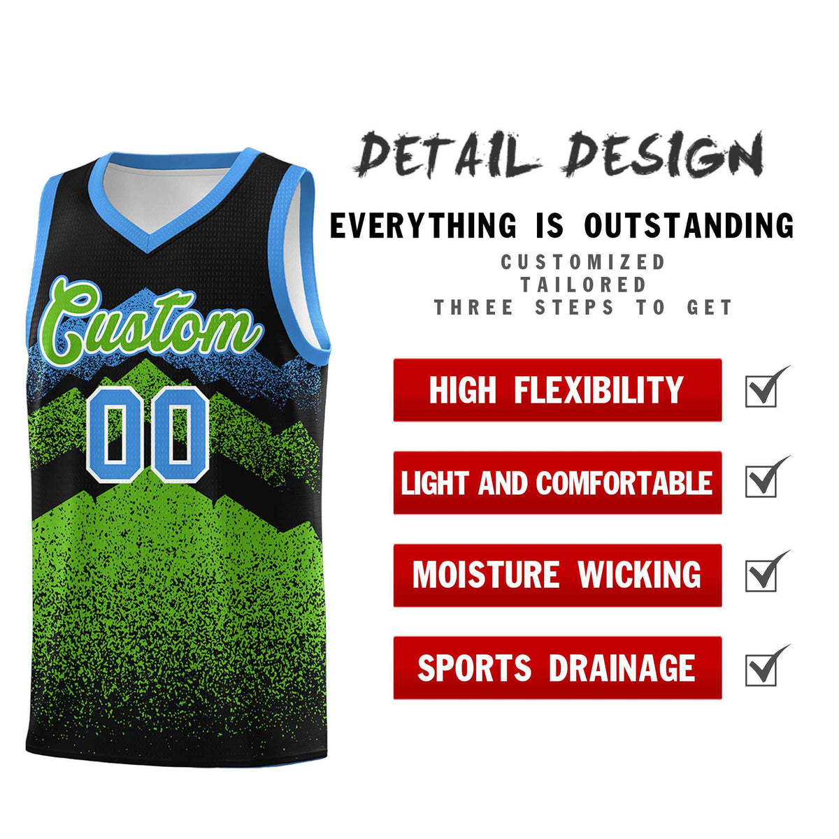 Personalized Youth Basketball Jerseys   Black Green Gradient Mountain Design Uniforms