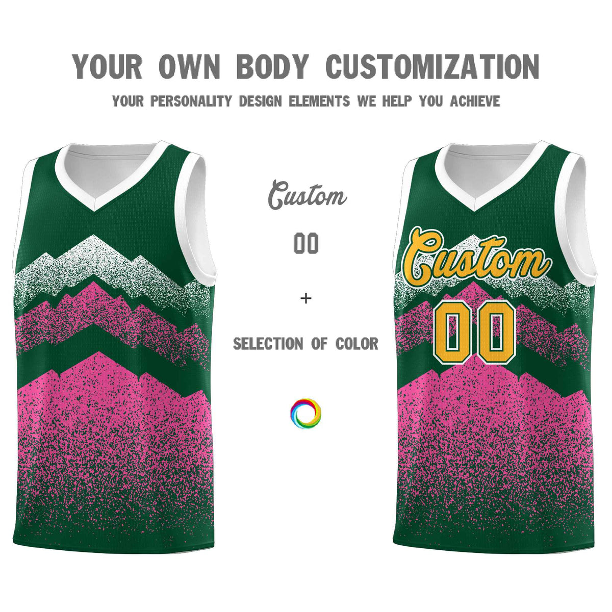Custom Youth Basketball Jerseys Green Pink Gradient Mountain Design Uniforms