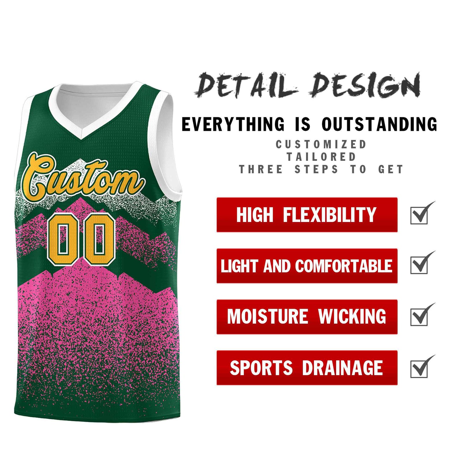 Custom Youth Basketball Jerseys Green Pink Gradient Mountain Design Uniforms