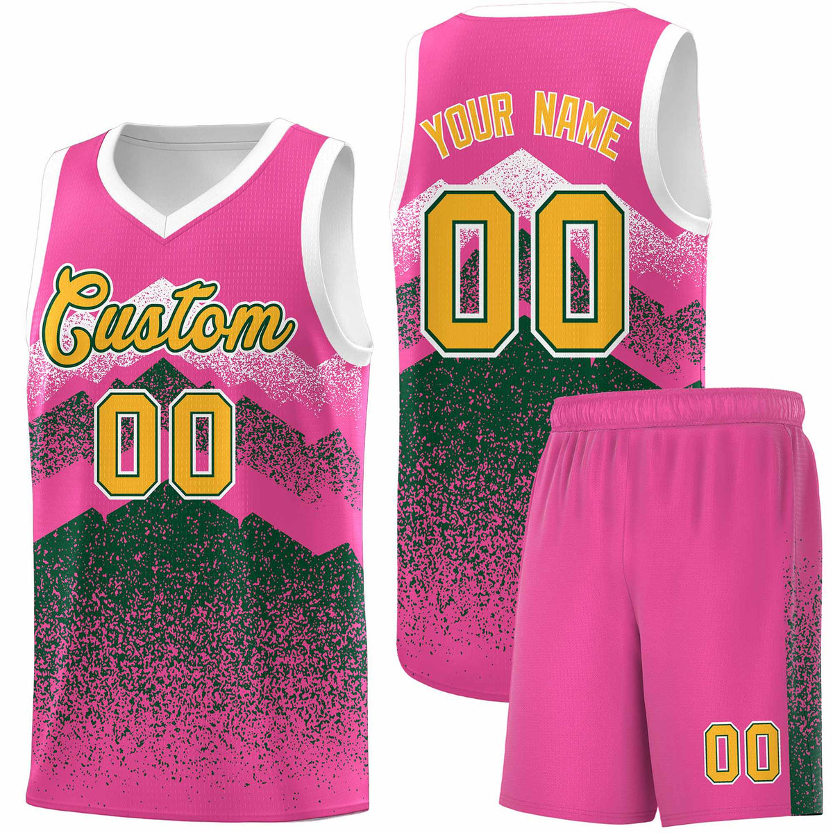 Personalized Youth Basketball Jerseys   Pink Green Gradient Mountain Design Uniforms