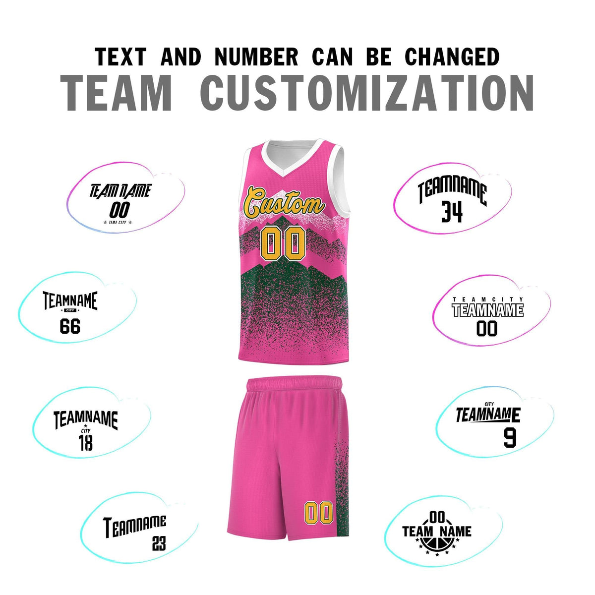 Personalized Youth Basketball Jerseys   Pink Green Gradient Mountain Design Uniforms