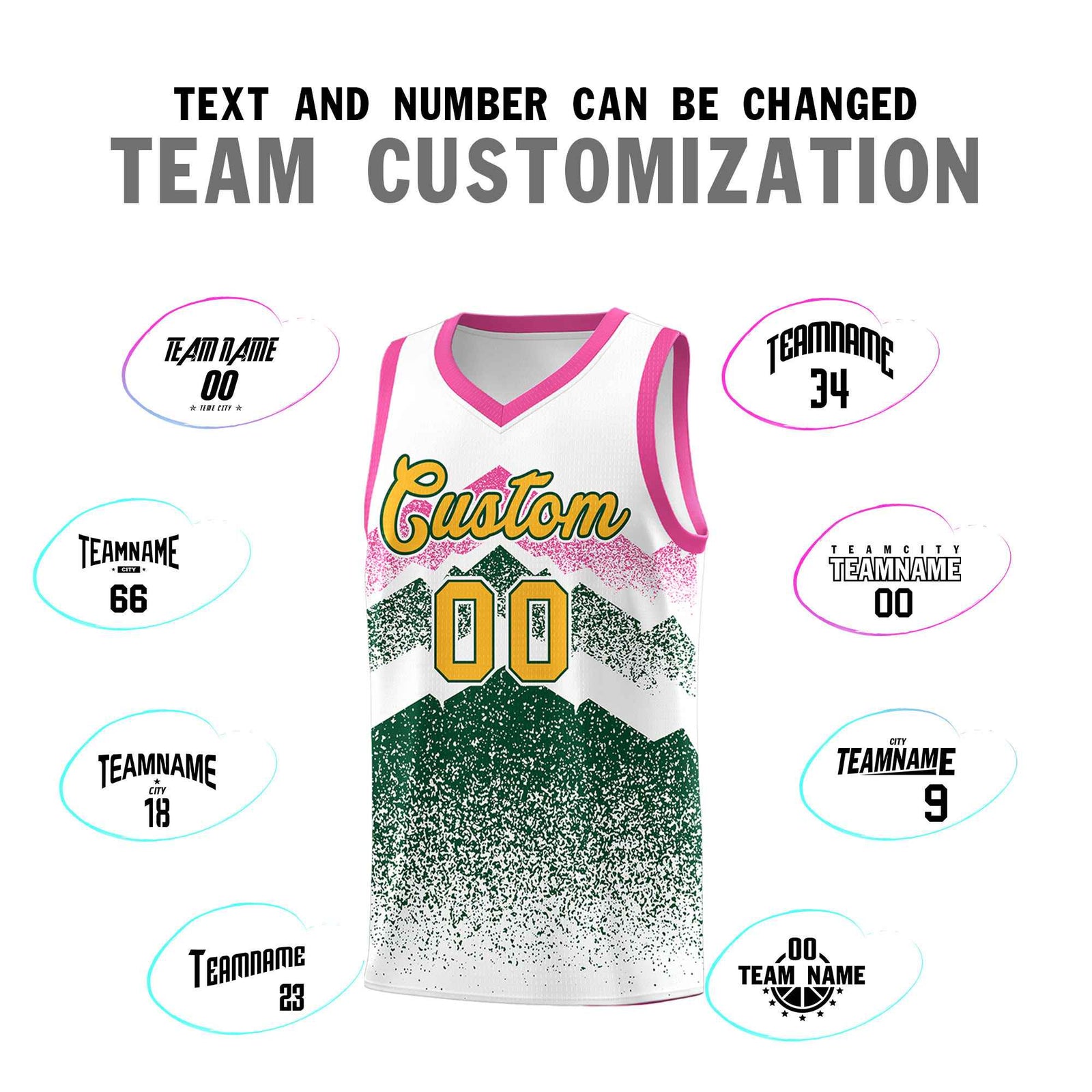 Custom Youth Basketball Jerseys White Green Gradient Mountain Design Uniforms