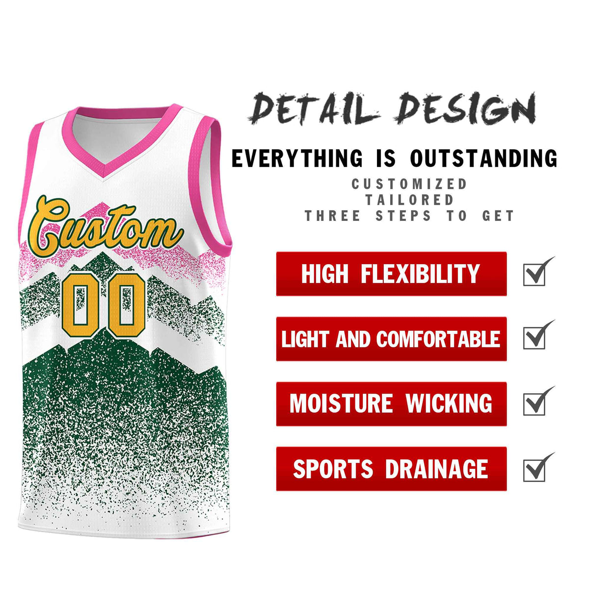 Custom Youth Basketball Jerseys White Green Gradient Mountain Design Uniforms