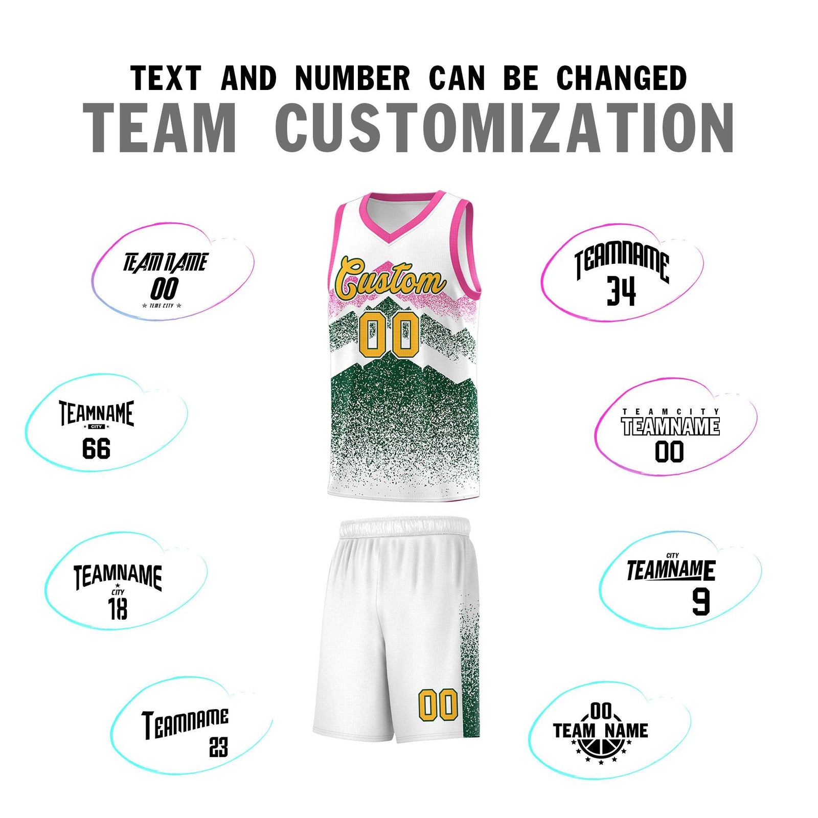 Custom Youth Basketball Jerseys White Green Gradient Mountain Design Uniforms