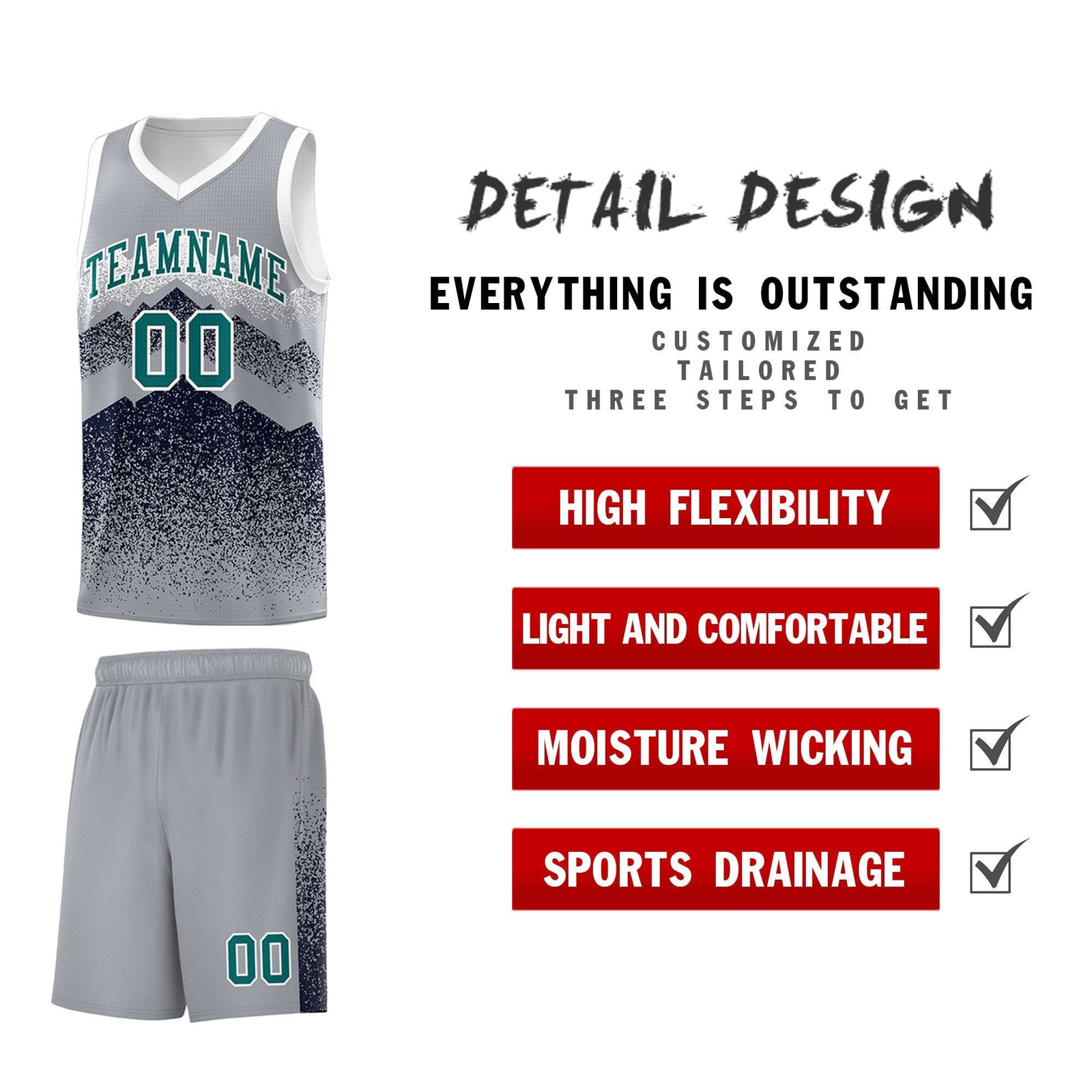 Custom Youth Basketball Jerseys Gray Navy Gradient Mountain Design Uniforms