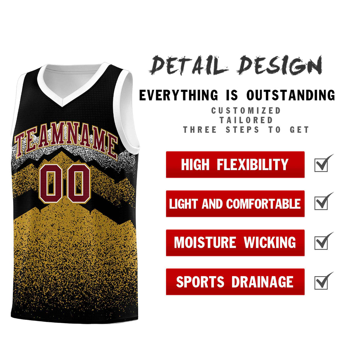 Custom Youth Basketball Jerseys Black Old Gold Gradient Mountain Design Uniforms