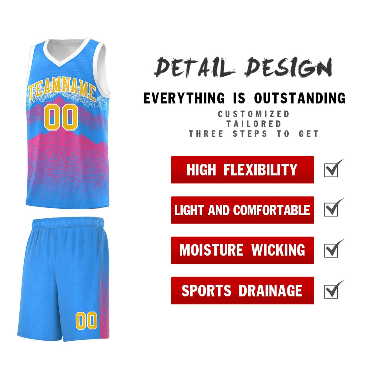Custom Youth Basketball Jerseys Powder Blue Pink Gradient Mountain Design Uniforms