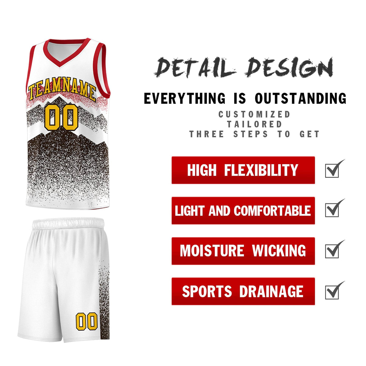 Custom Youth Basketball Jerseys White Brown Gradient Mountain Design Uniforms