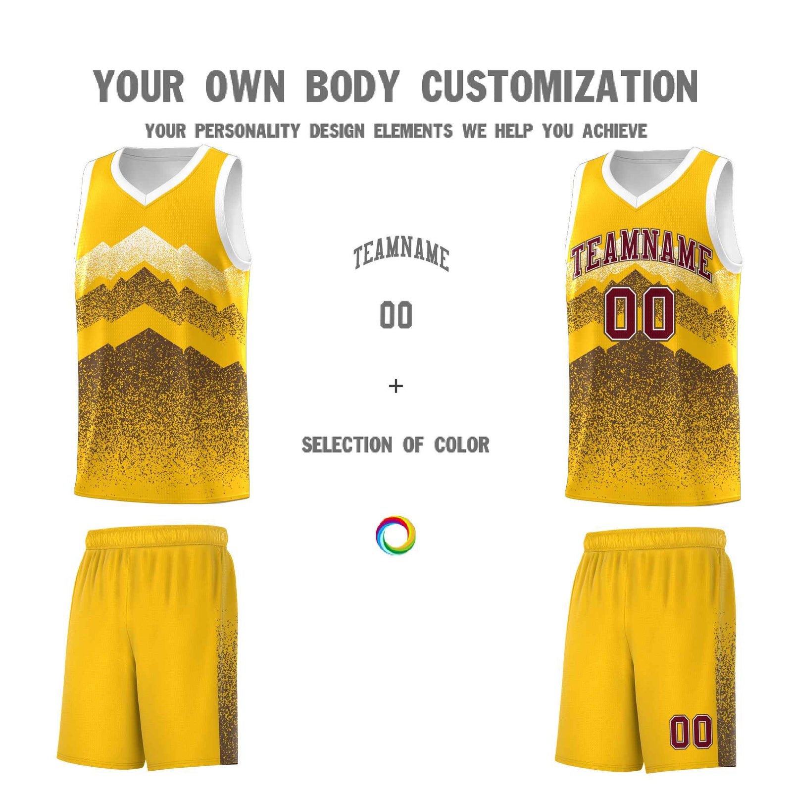 Custom Youth Basketball Jerseys Gold Coffee Gradient Mountain Design Uniforms