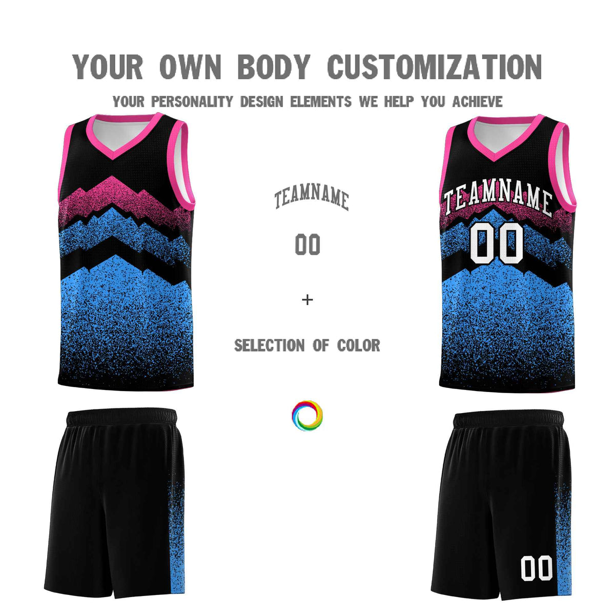 Custom Youth Basketball Jerseys Black Powder Blue Gradient Mountain Design Uniforms