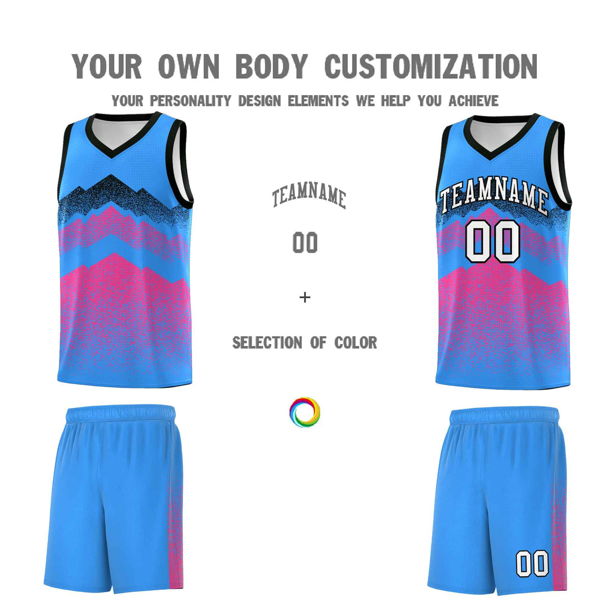 Custom Youth Basketball Jerseys Powder Blue Pink Gradient Mountain Design Uniforms