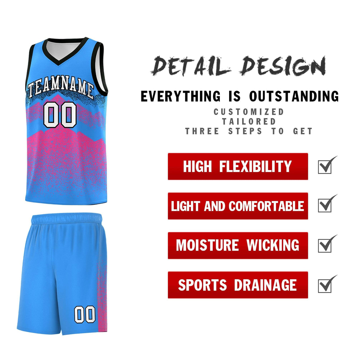Custom Youth Basketball Jerseys Powder Blue Pink Gradient Mountain Design Uniforms