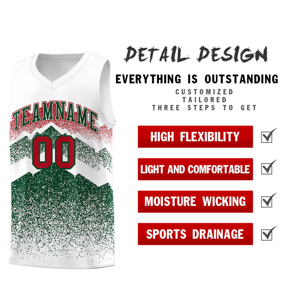 Custom Youth Basketball Jerseys White Green Gradient Mountain Design Uniforms