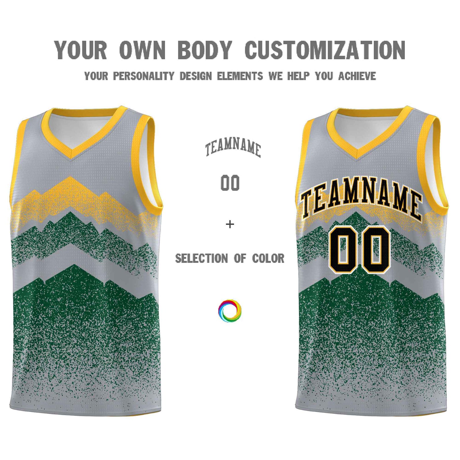 Personalized Youth Basketball Jerseys   Gray Green Gradient Mountain Design Uniforms