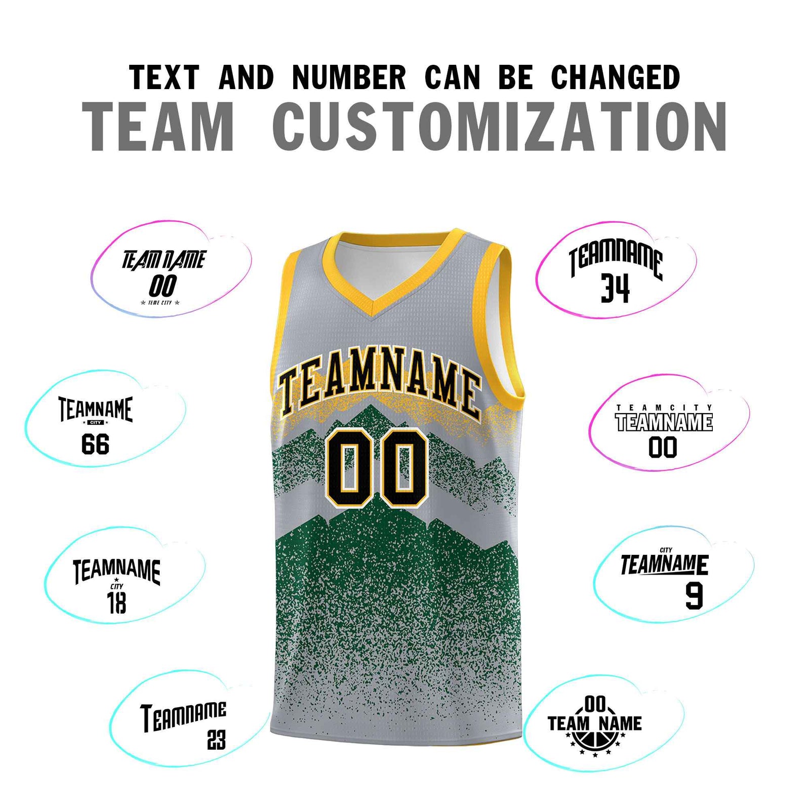 Personalized Youth Basketball Jerseys   Gray Green Gradient Mountain Design Uniforms
