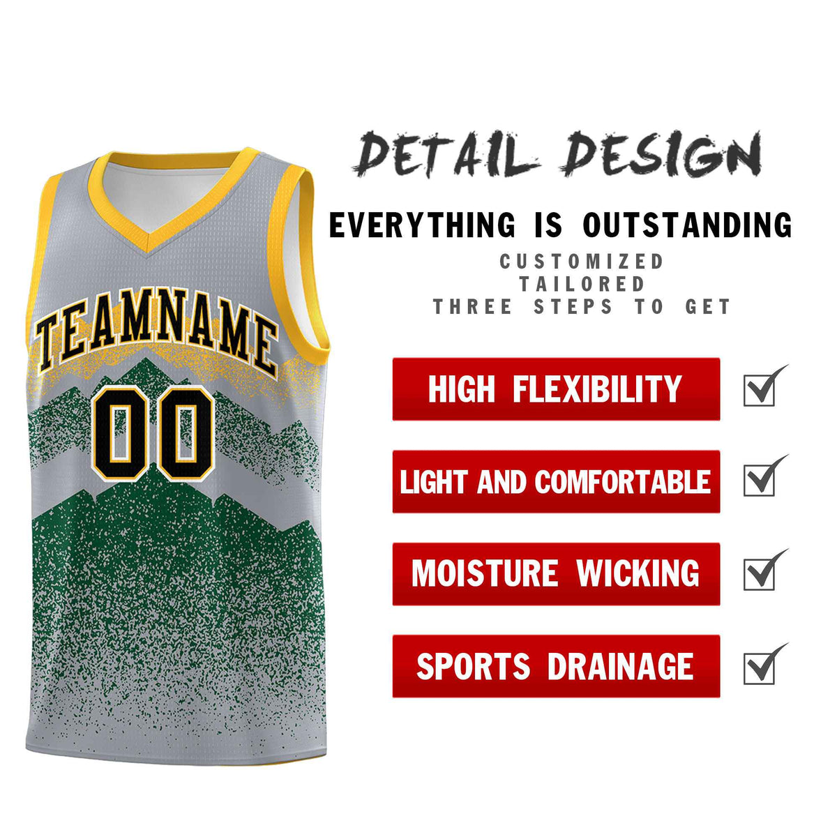 Personalized Youth Basketball Jerseys   Gray Green Gradient Mountain Design Uniforms