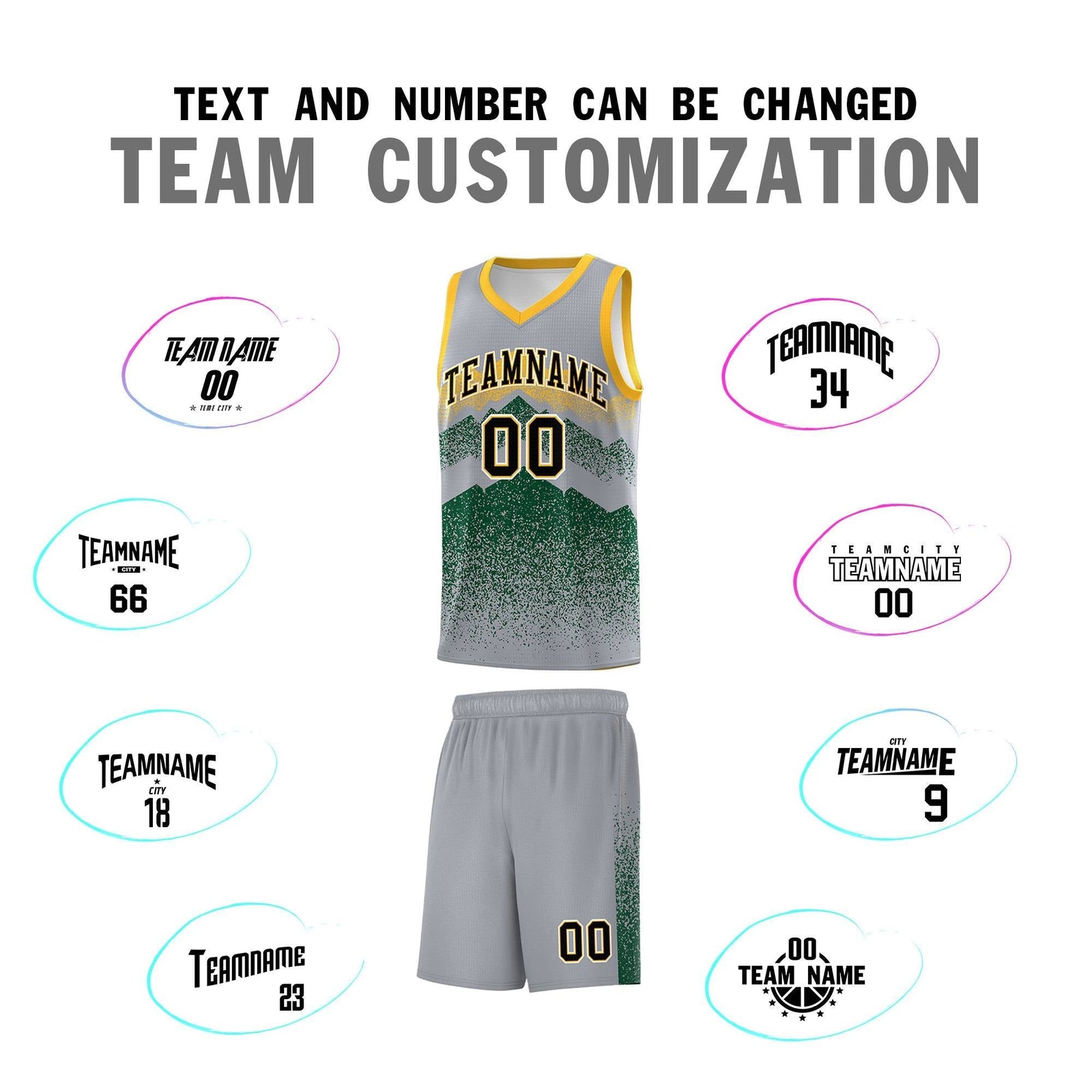 Personalized Youth Basketball Jerseys   Gray Green Gradient Mountain Design Uniforms