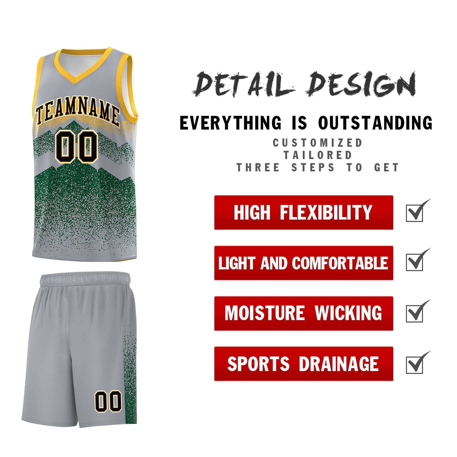 Personalized Youth Basketball Jerseys   Gray Green Gradient Mountain Design Uniforms