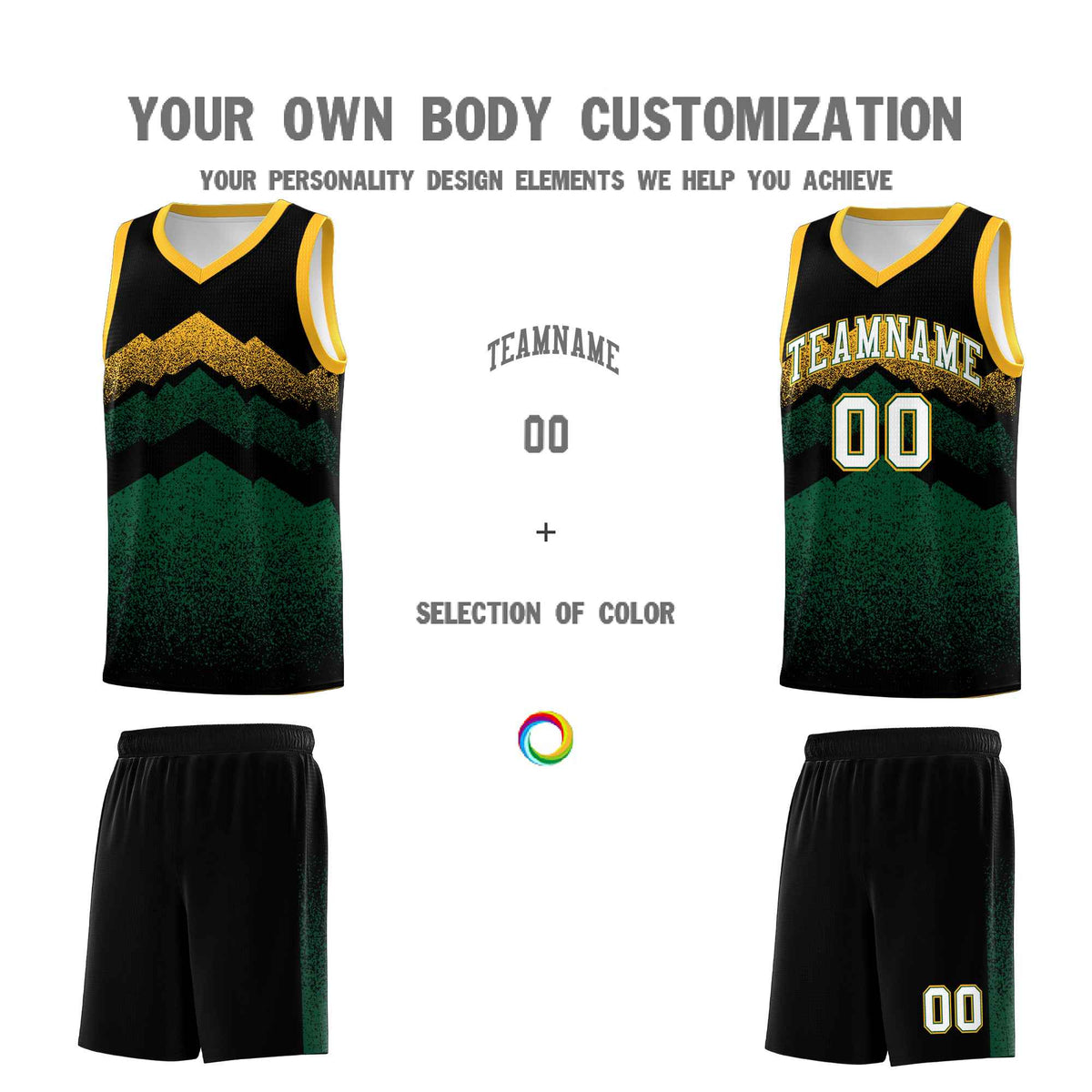 Custom Youth Basketball Jerseys Black Green Gradient Mountain Design Uniforms
