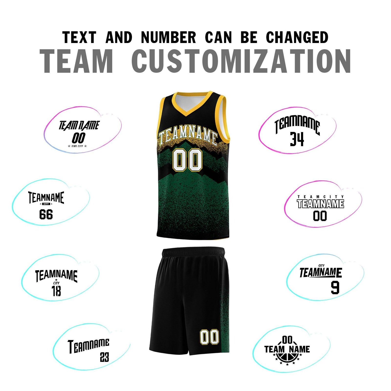 Custom Youth Basketball Jerseys Black Green Gradient Mountain Design Uniforms