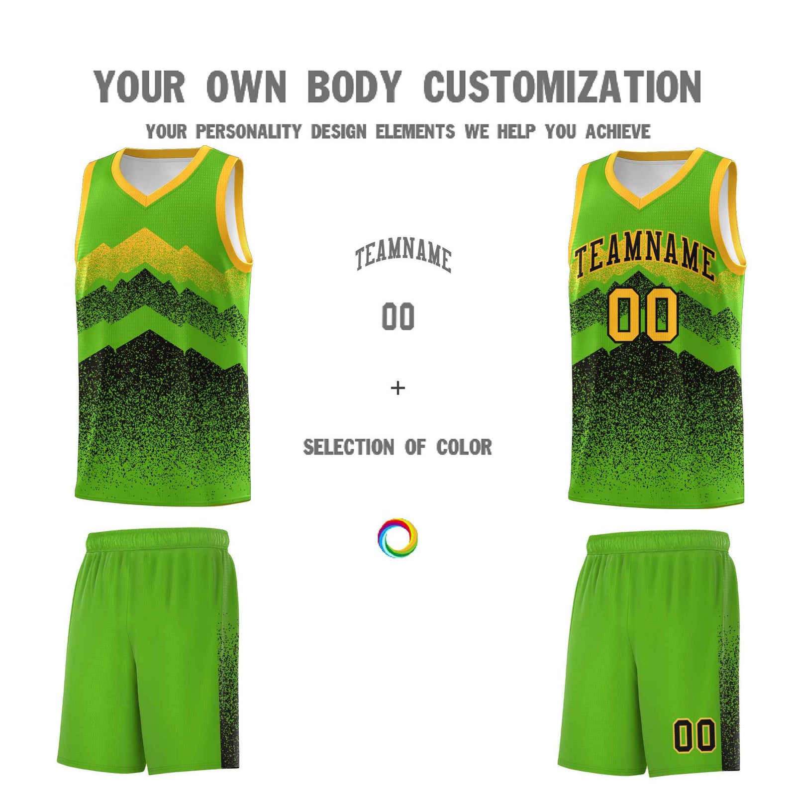 Custom Youth Basketball Jerseys Green Black Gradient Mountain Design Uniforms