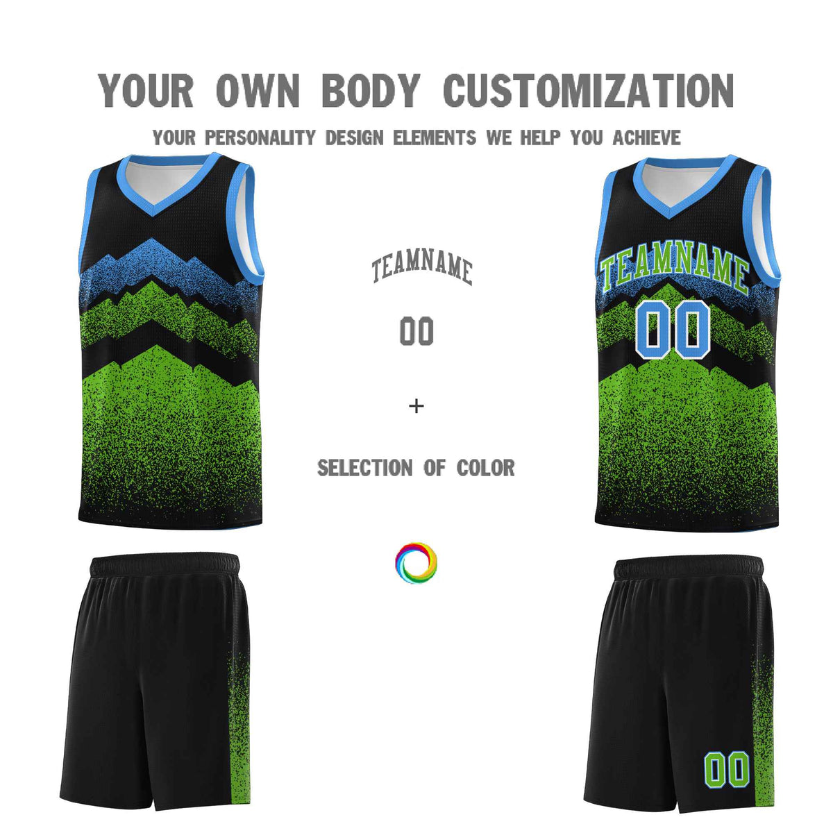 Personalized Youth Basketball Jerseys   Black Green Gradient Mountain Design Uniforms