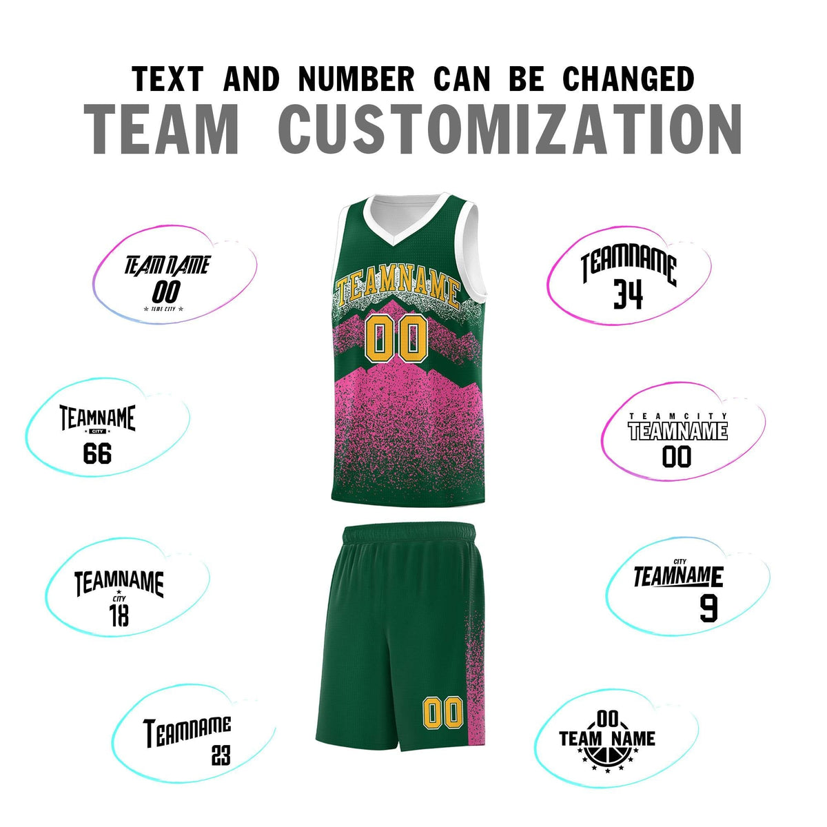 Custom Youth Basketball Jerseys Green Pink Gradient Mountain Design Uniforms