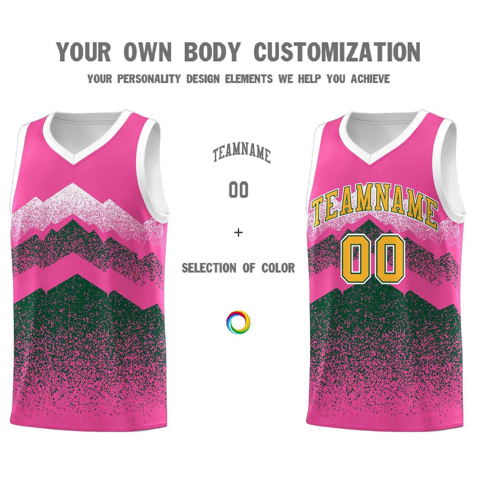Personalized Youth Basketball Jerseys   Pink Green Gradient Mountain Design Uniforms
