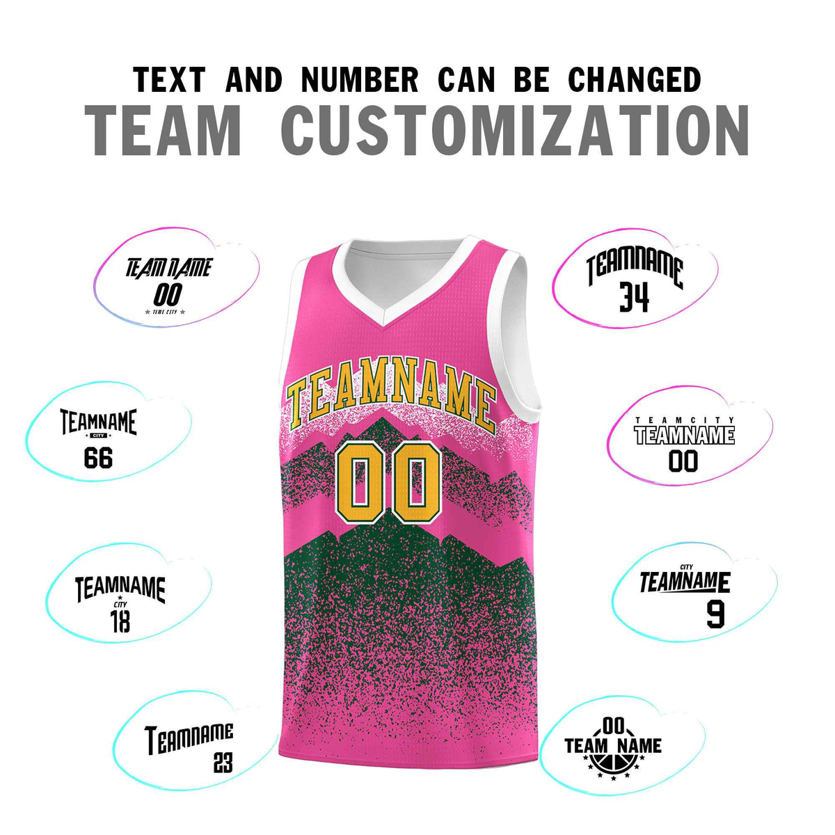 Personalized Youth Basketball Jerseys   Pink Green Gradient Mountain Design Uniforms