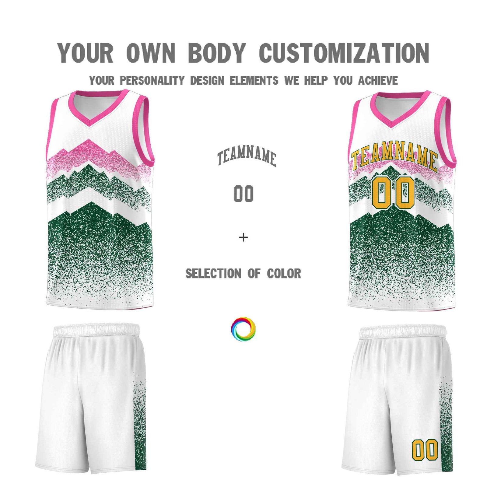 Custom Youth Basketball Jerseys White Green Gradient Mountain Design Uniforms