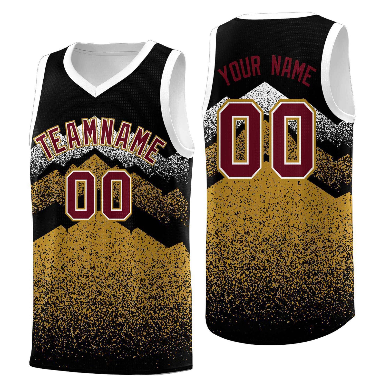 Custom Youth Basketball Jerseys Black Old Gold Gradient Mountain Design Uniforms