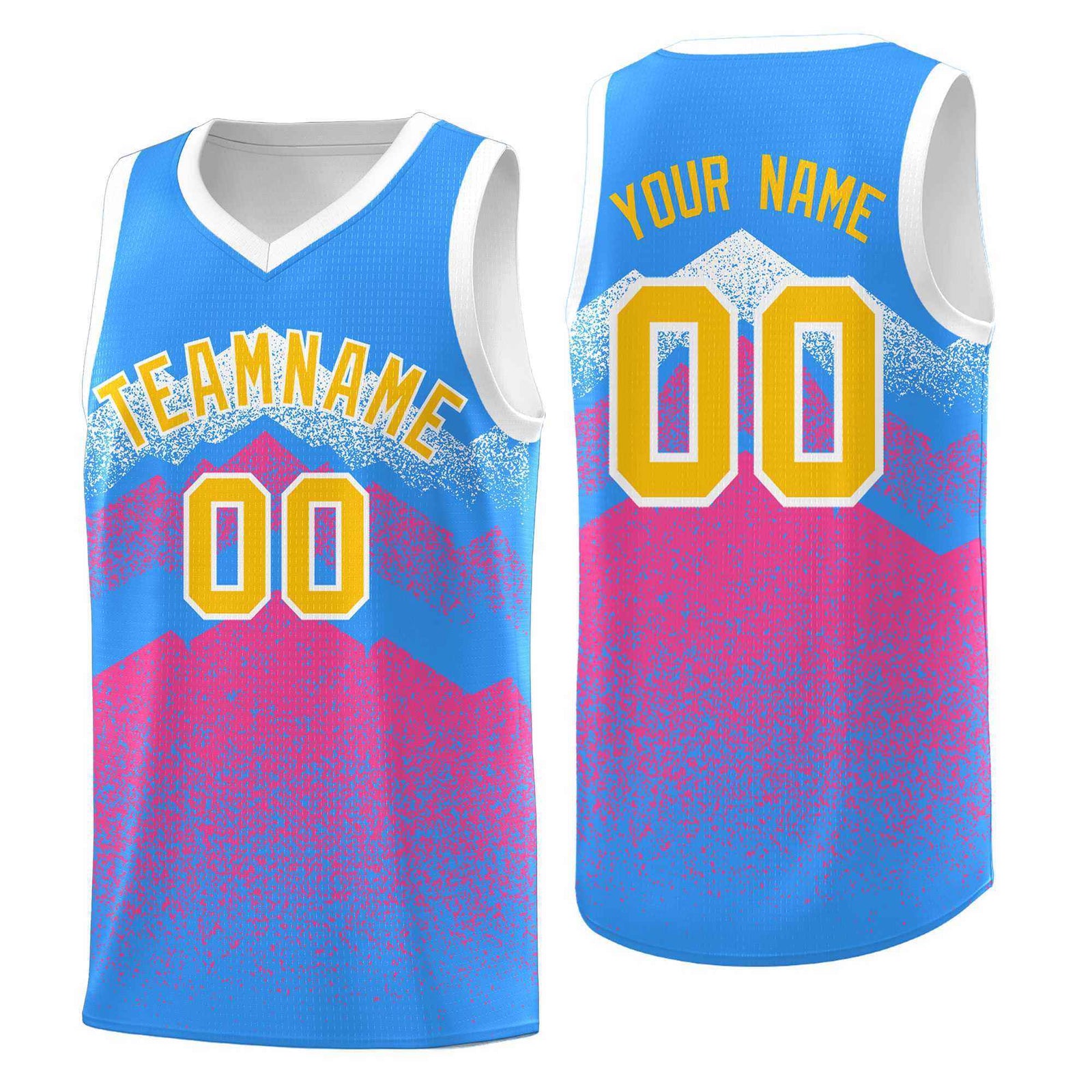 Custom Youth Basketball Jerseys Powder Blue Pink Gradient Mountain Design Uniforms