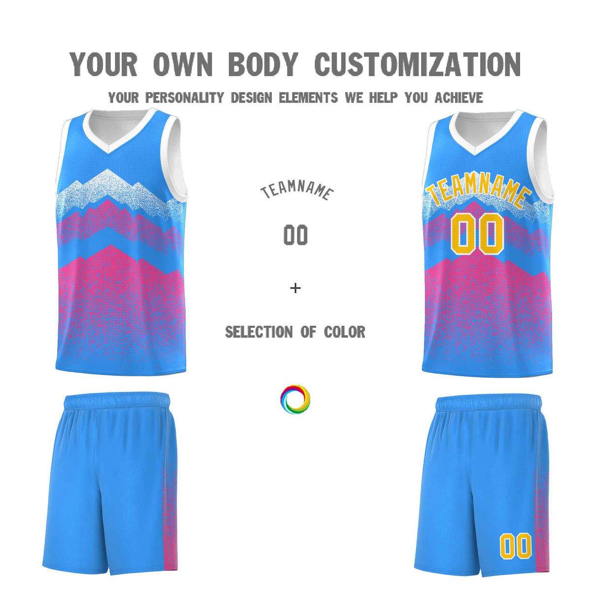Custom Youth Basketball Jerseys Powder Blue Pink Gradient Mountain Design Uniforms