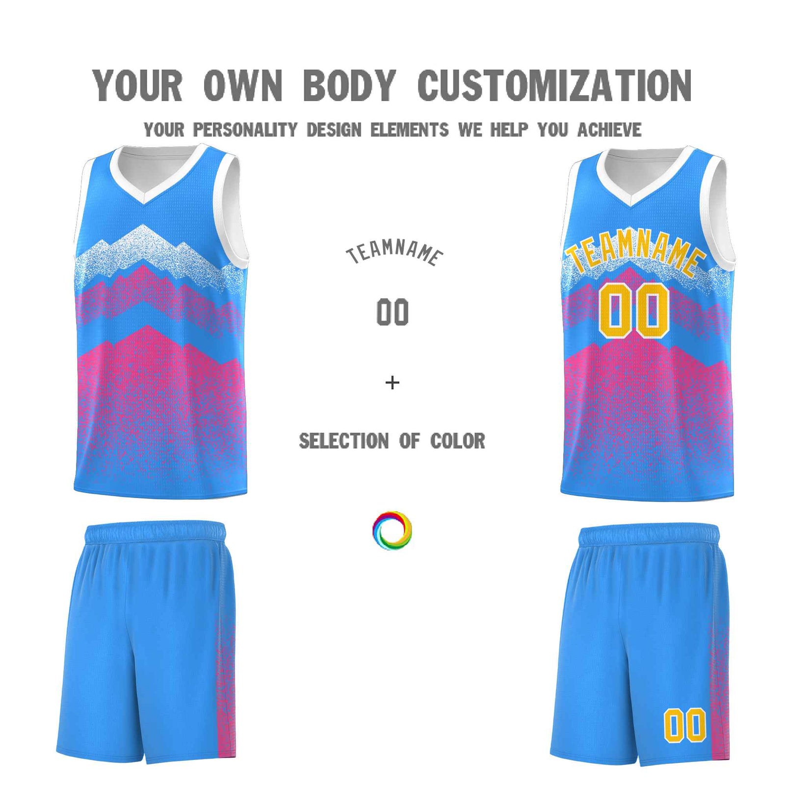 Custom Youth Basketball Jerseys Powder Blue Pink Gradient Mountain Design Uniforms