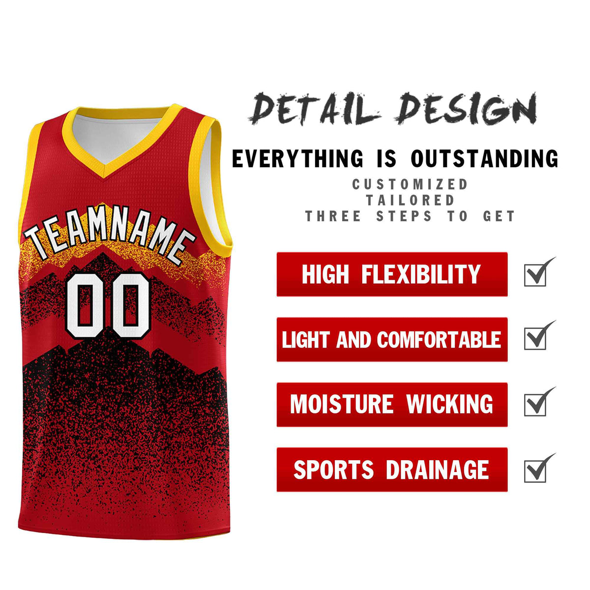 Custom Youth Basketball Jerseys Red Black Gradient Mountain Design Uniforms