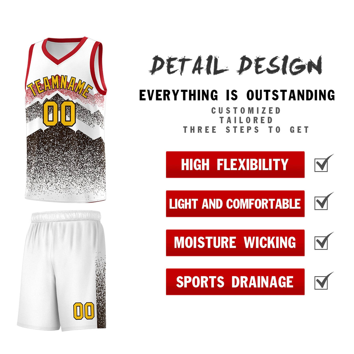 Custom Youth Basketball Jerseys White Brown Gradient Mountain Design Uniforms